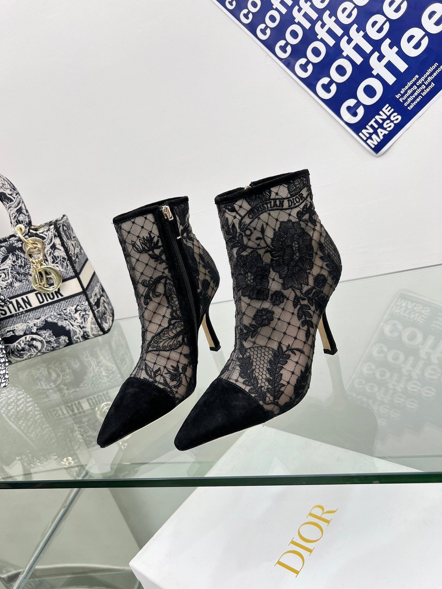 DIOR 25S POINTED-TOE ANKLE BOOTS 95 MM IN BLACK MESH TULLE AND SUEDE - 34