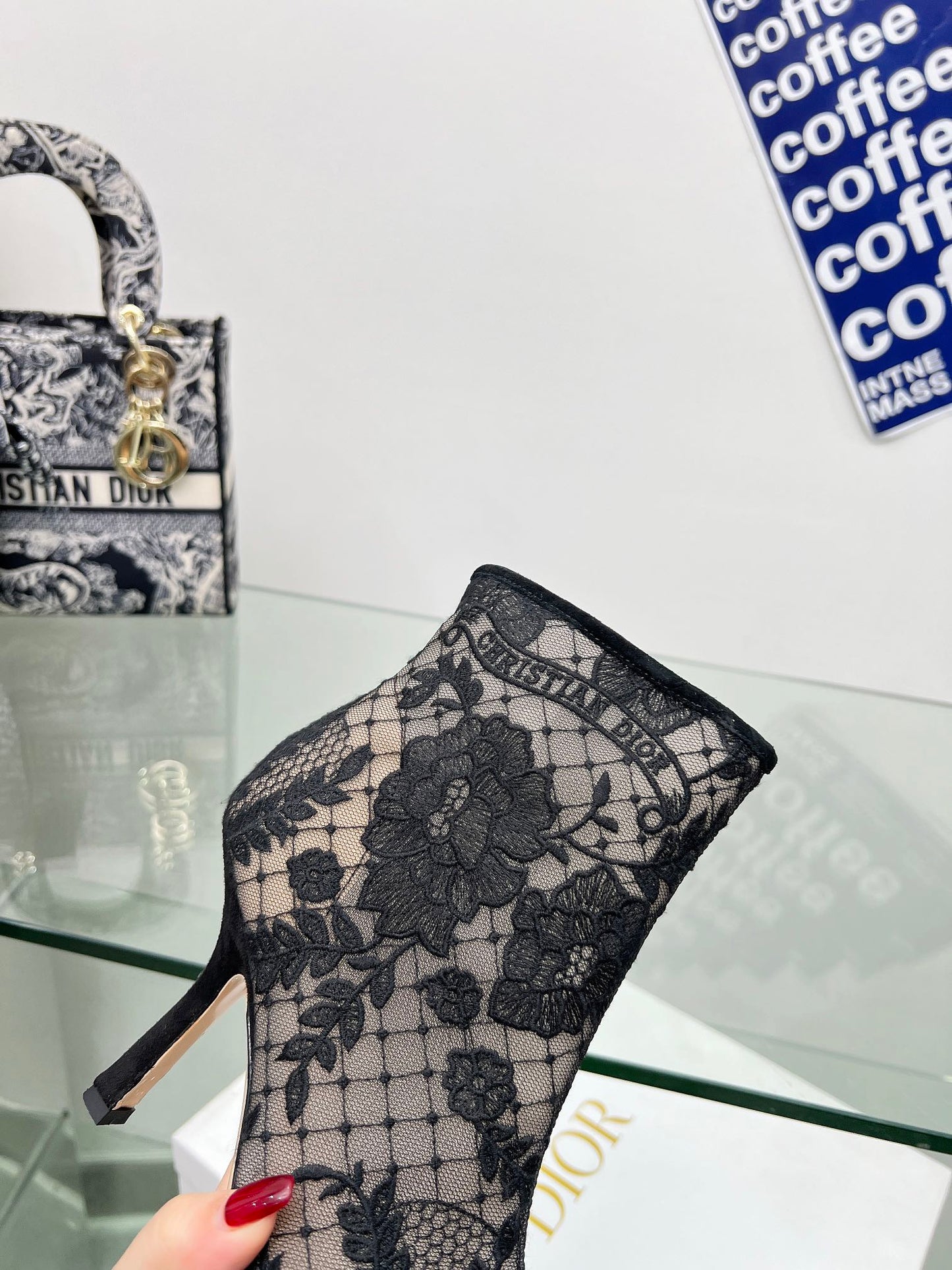 DIOR 25S POINTED-TOE ANKLE BOOTS 95 MM IN BLACK MESH TULLE AND SUEDE - 34