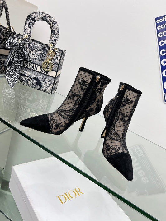 DIOR 25S POINTED-TOE ANKLE BOOTS 95 MM IN BLACK MESH TULLE AND SUEDE - 34