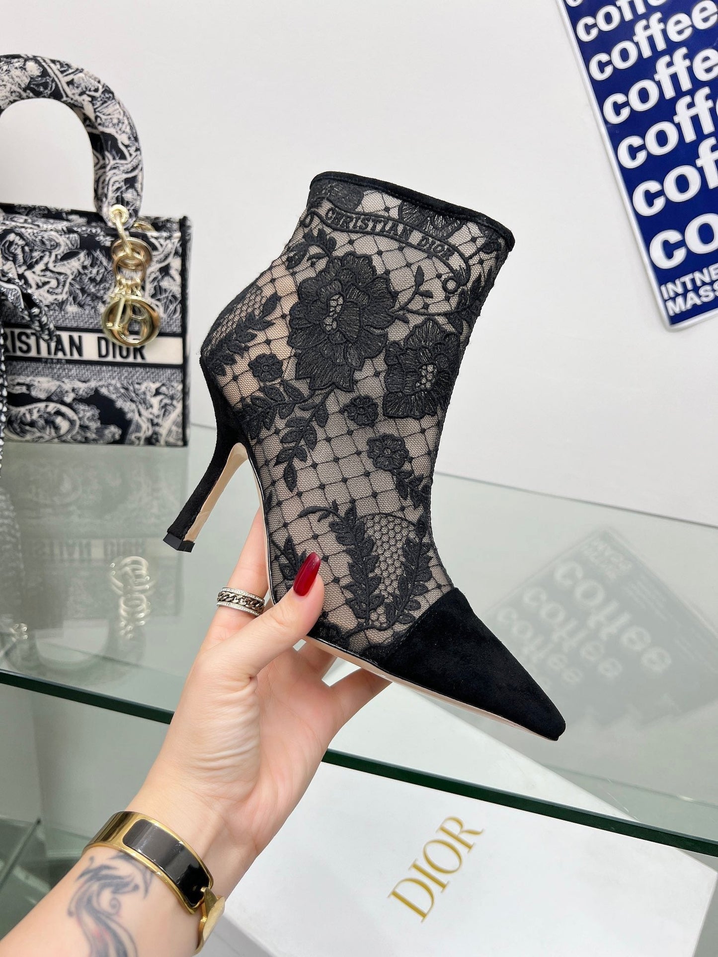 DIOR 25S POINTED-TOE ANKLE BOOTS 95 MM IN BLACK MESH TULLE AND SUEDE - 34