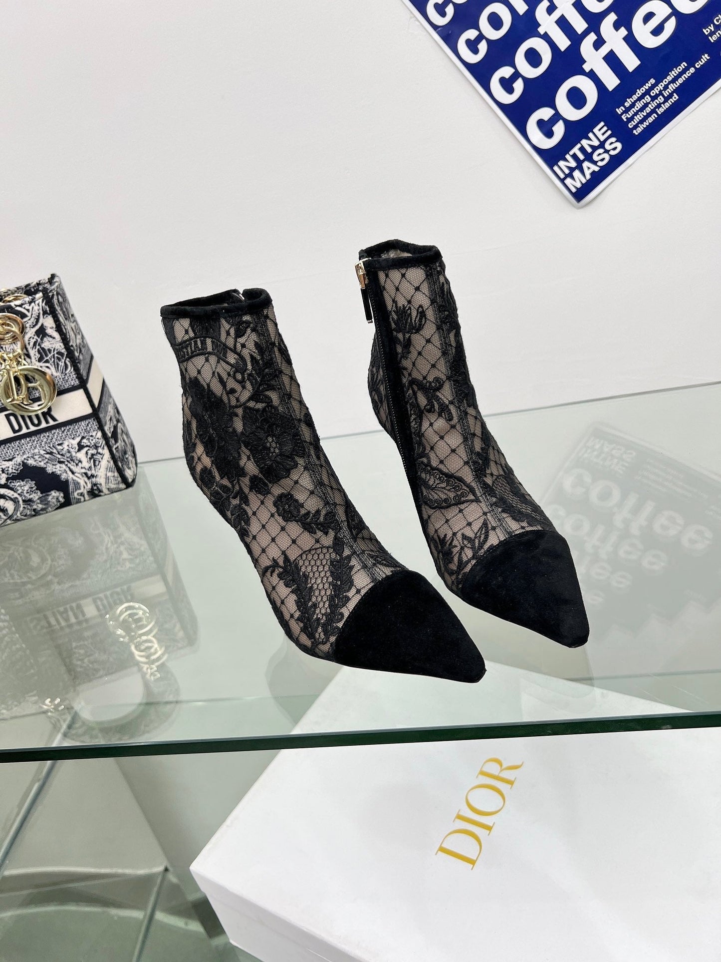 DIOR 25S POINTED-TOE ANKLE BOOTS 95 MM IN BLACK MESH TULLE AND SUEDE - 34