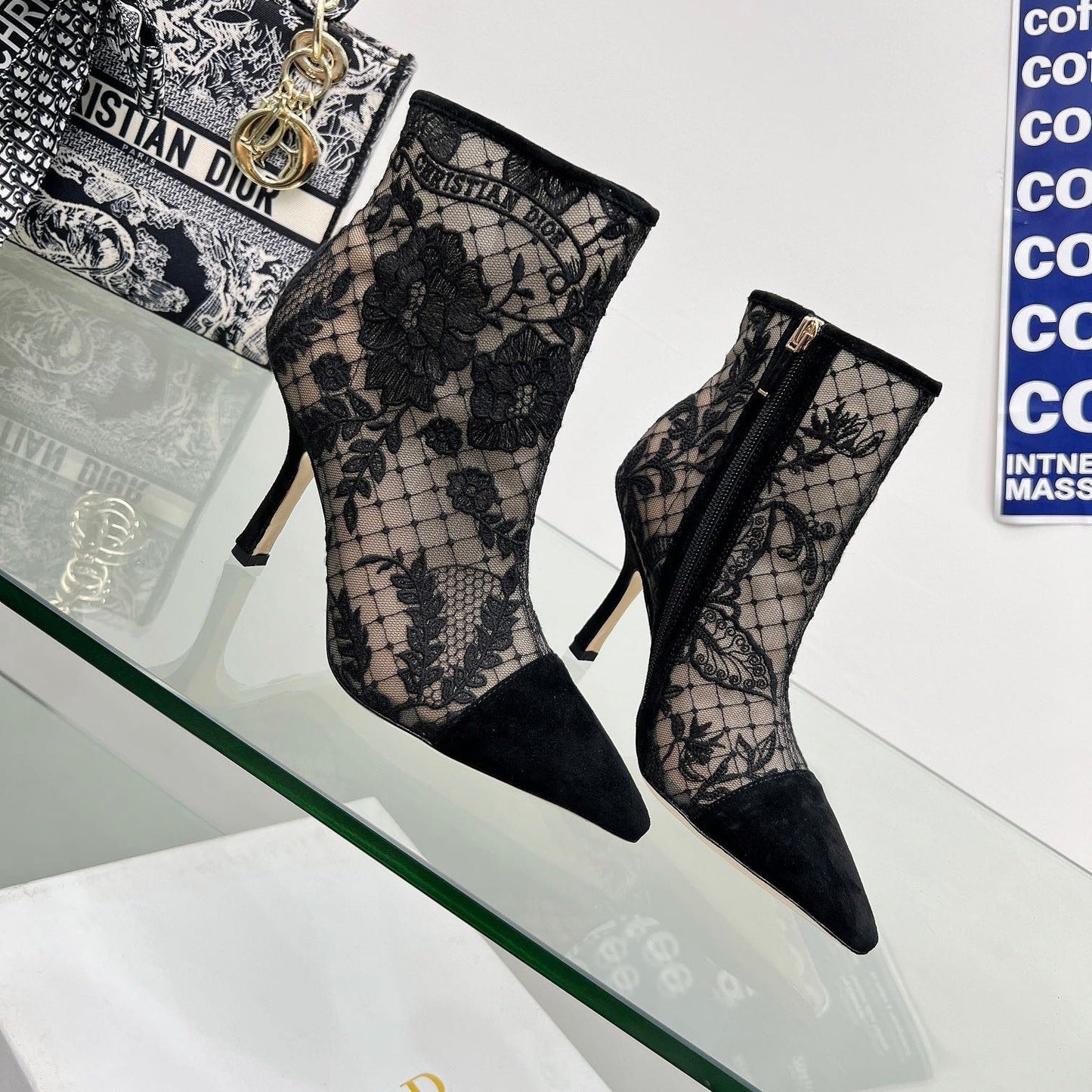 DIOR 25S POINTED-TOE ANKLE BOOTS 95 MM IN BLACK MESH TULLE AND SUEDE - 34