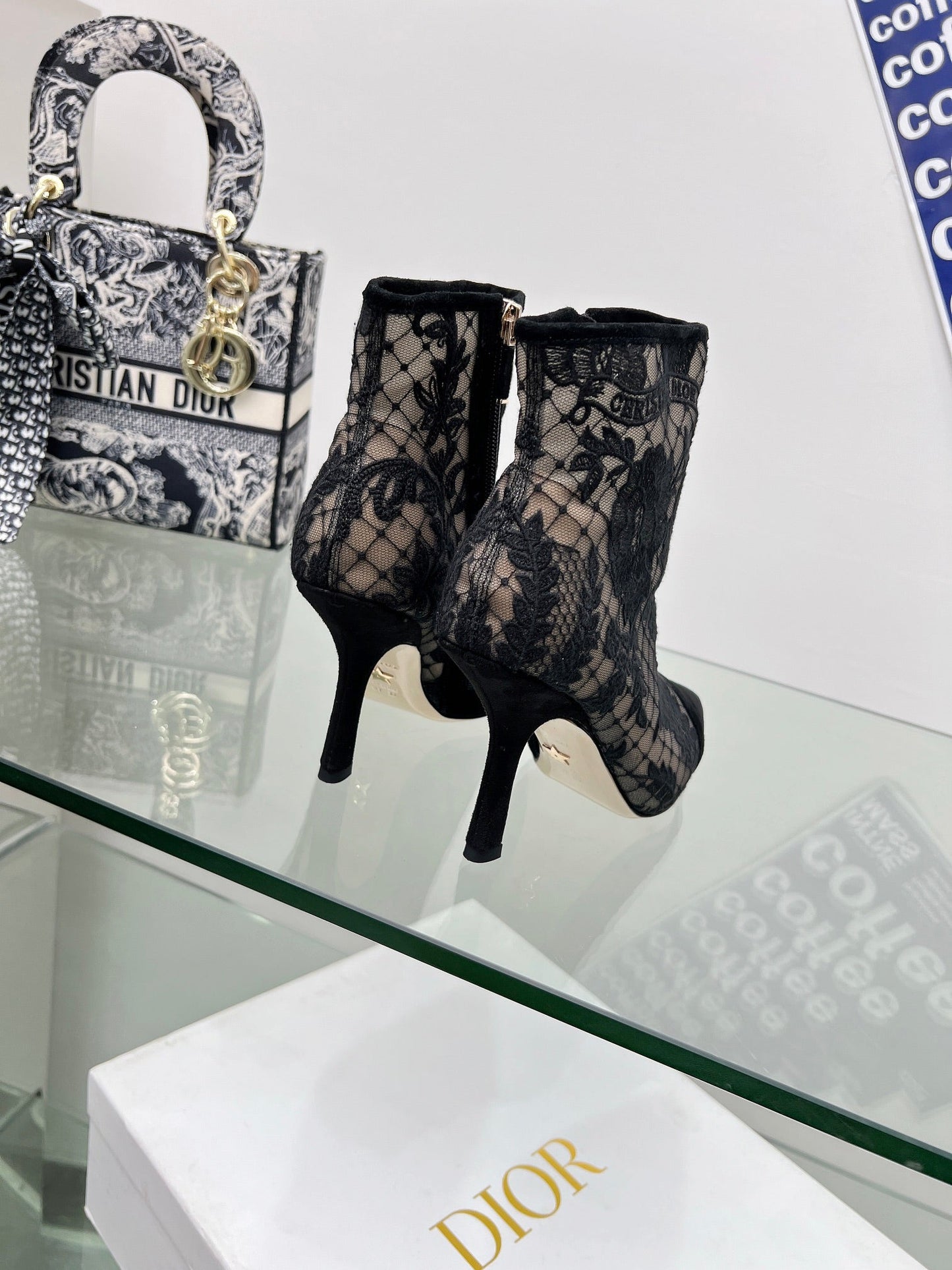 DIOR 25S POINTED-TOE ANKLE BOOTS 95 MM IN BLACK MESH TULLE AND SUEDE - 34