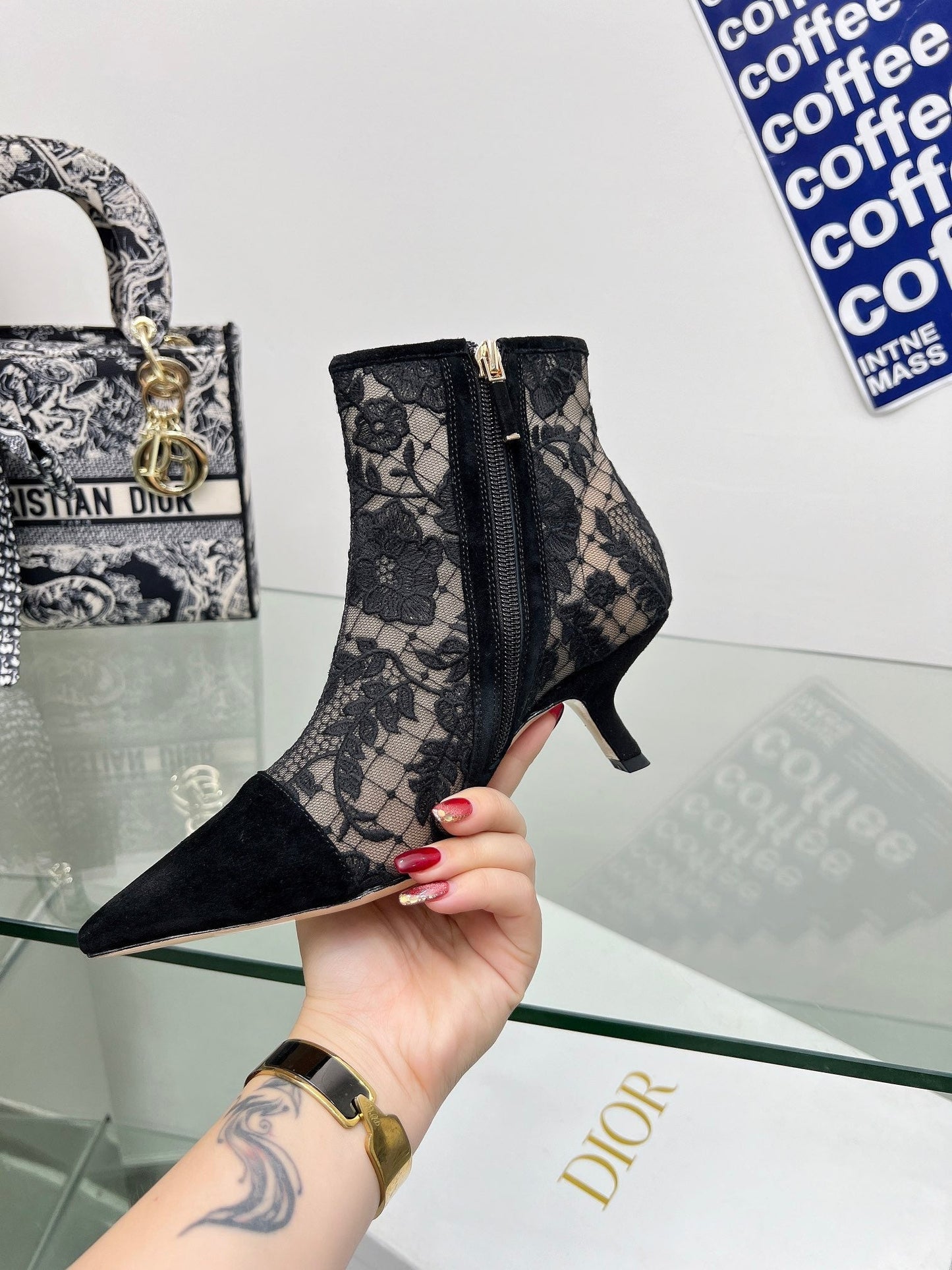 DIOR 25S POINTED-TOE ANKLE BOOTS 50 MM IN BLACK MESH TULLE AND SUEDE - 34