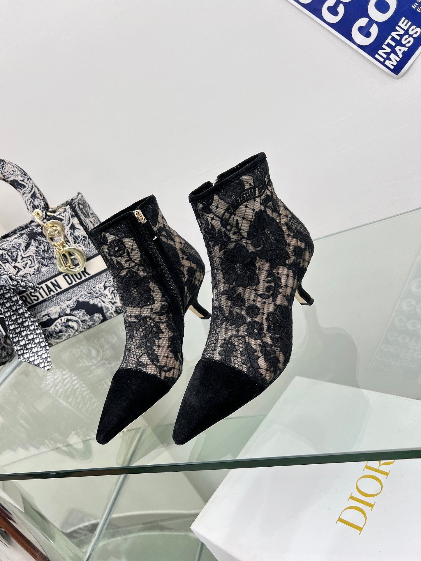 DIOR 25S POINTED-TOE ANKLE BOOTS 50 MM IN BLACK MESH TULLE AND SUEDE - 34