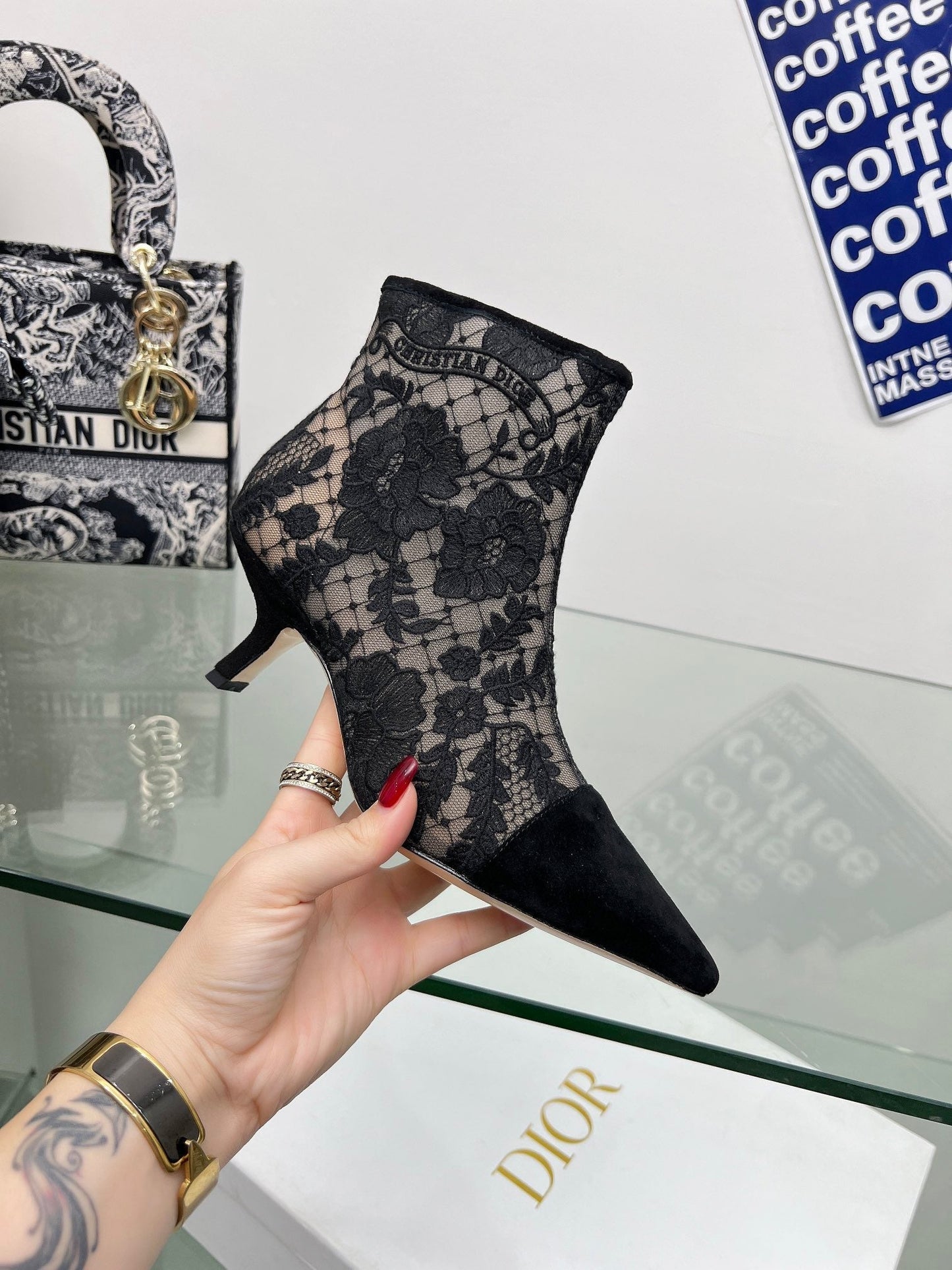 DIOR 25S POINTED-TOE ANKLE BOOTS 50 MM IN BLACK MESH TULLE AND SUEDE - 34