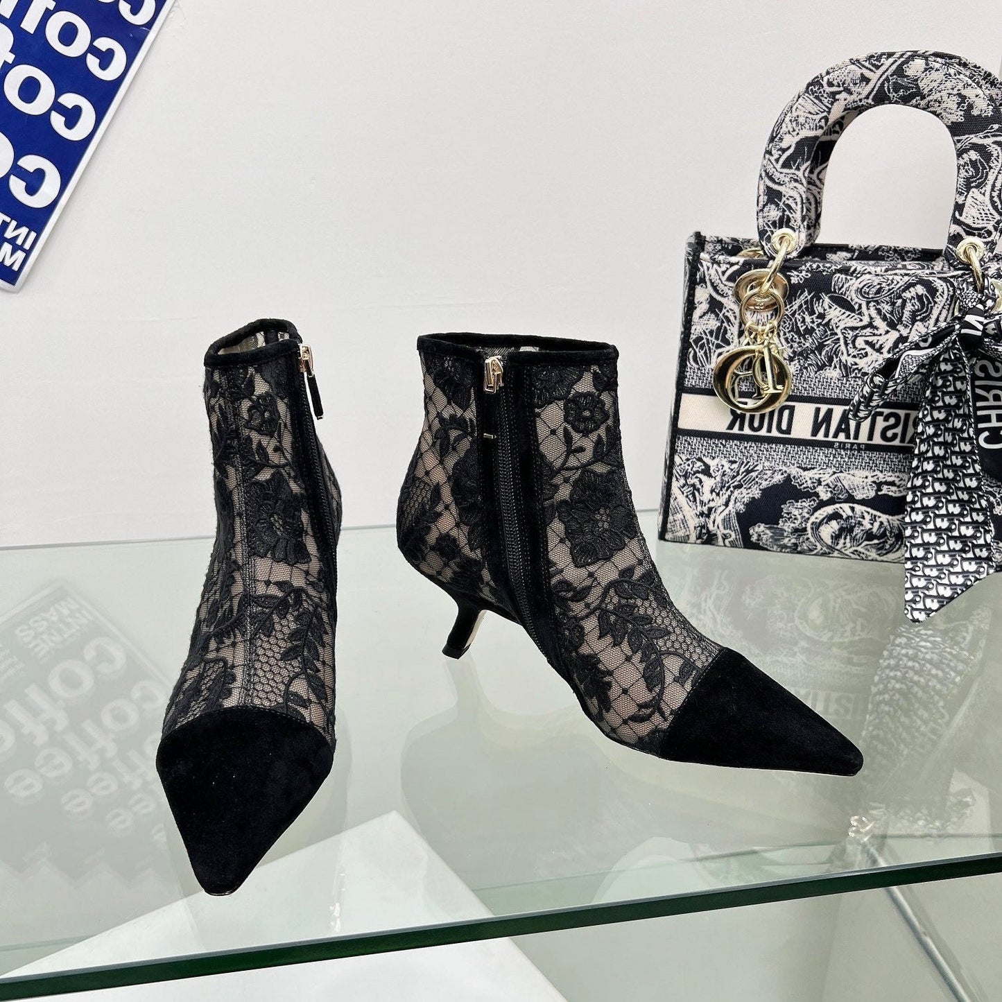 DIOR 25S POINTED-TOE ANKLE BOOTS 50 MM IN BLACK MESH TULLE AND SUEDE - 34