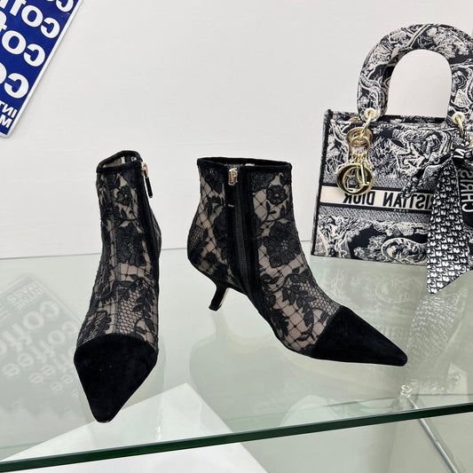 DIOR 25S POINTED-TOE ANKLE BOOTS 50 MM IN BLACK MESH TULLE AND SUEDE - 34