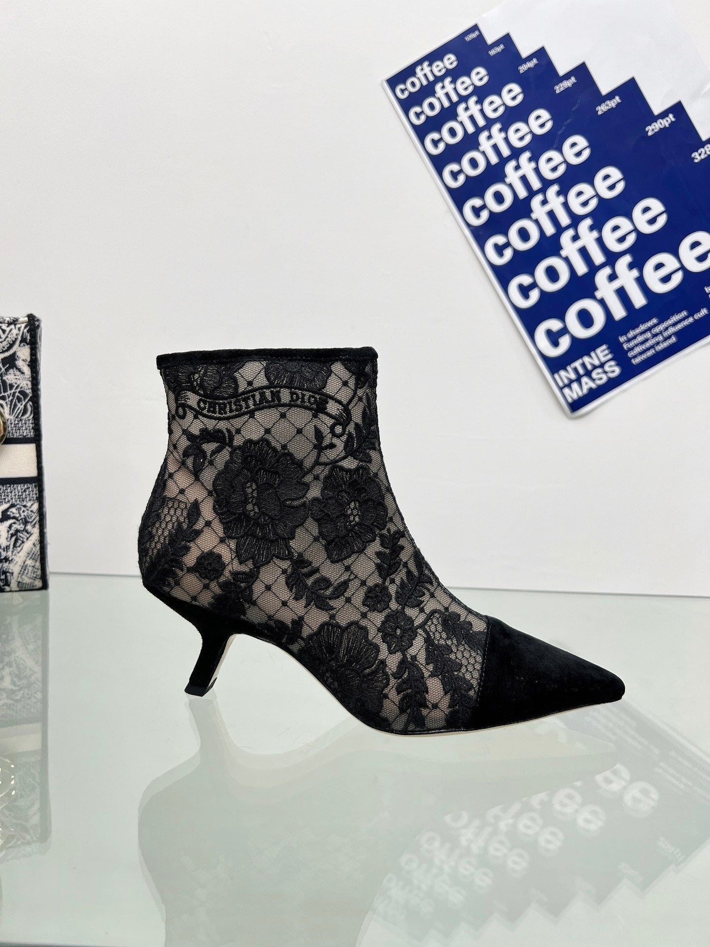 DIOR 25S POINTED-TOE ANKLE BOOTS 50 MM IN BLACK MESH TULLE AND SUEDE - 34