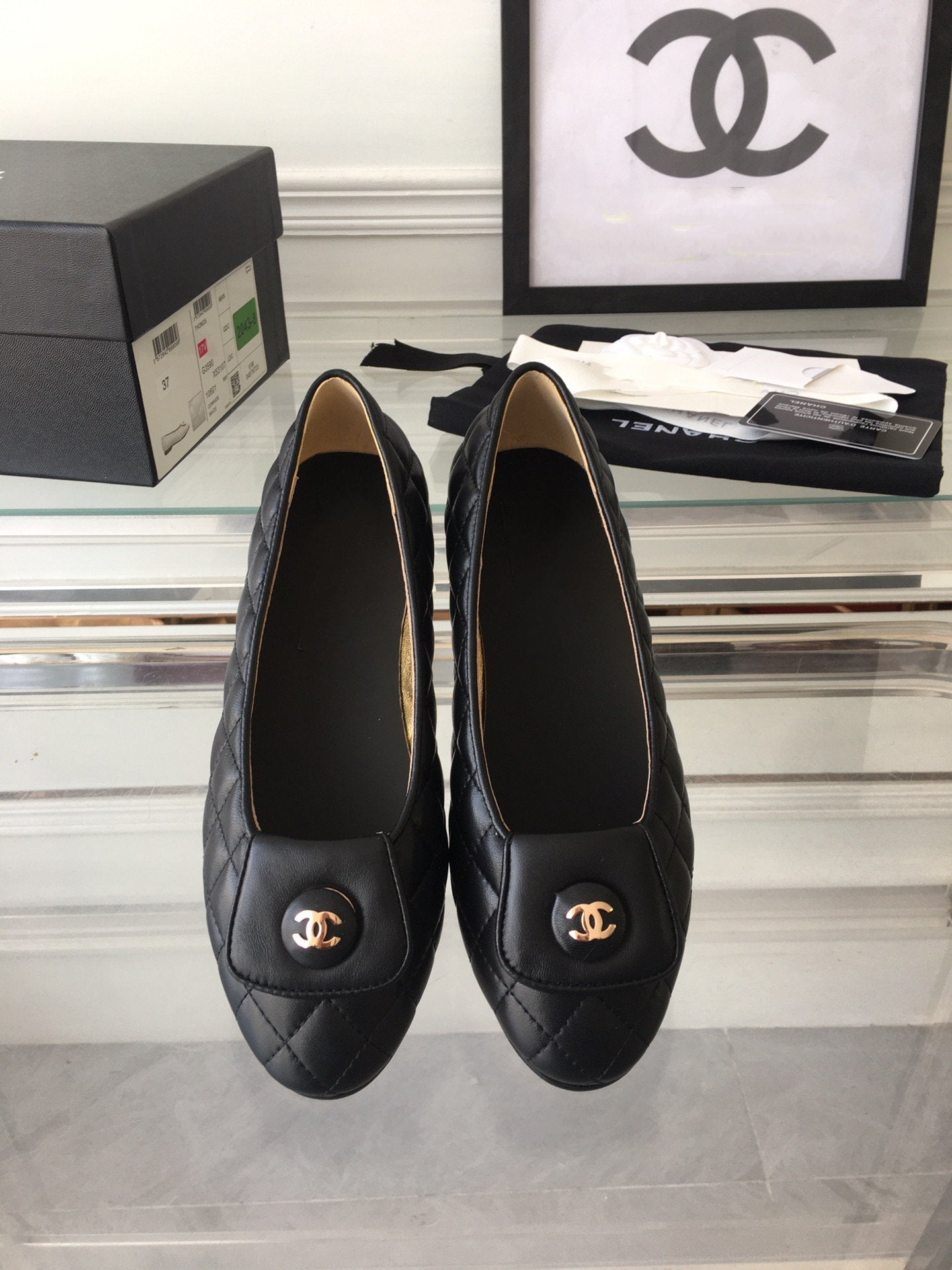 ballet flat black quilted gold cc lock - 35