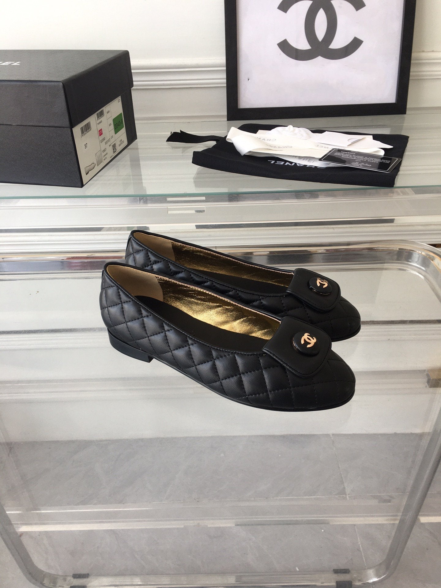 ballet flat black quilted gold cc lock - 35