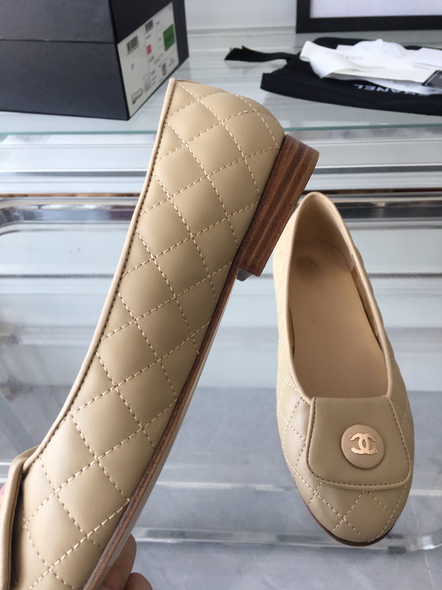 ballet flat quilted beige gold cc lock - 35