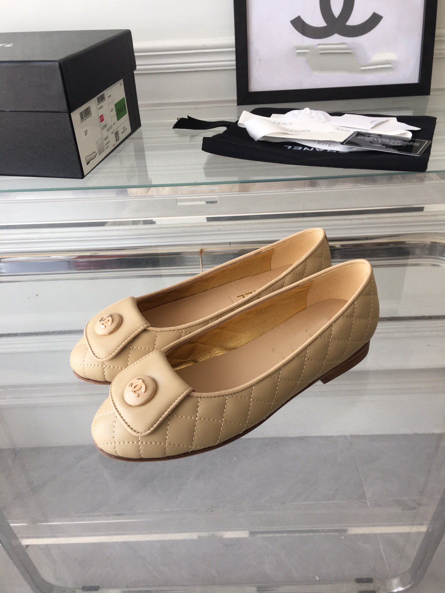ballet flat quilted beige gold cc lock - 35
