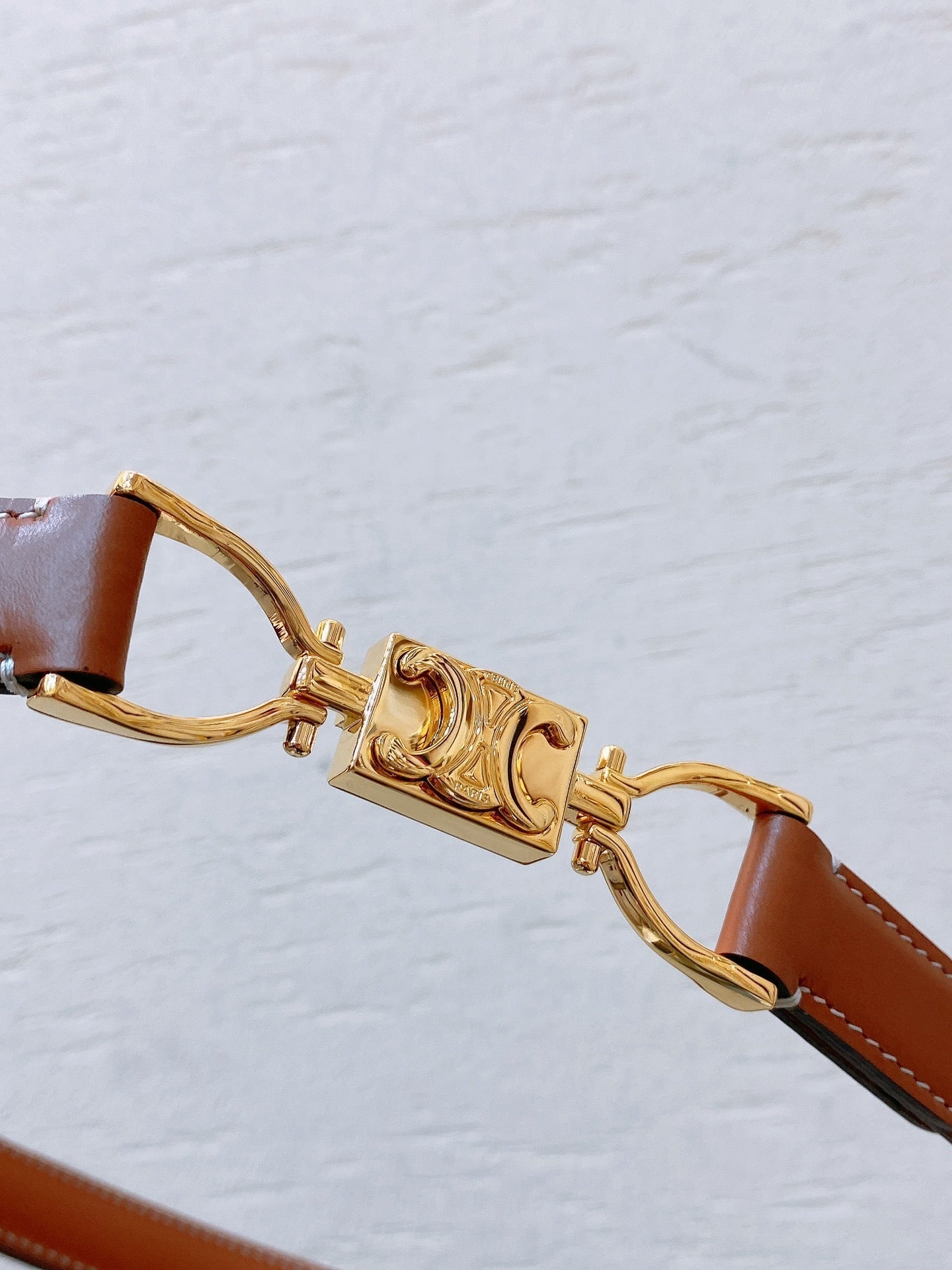 Hook & Loop 20mm TRIOMPHE Logo Square Adjustable Belt Tan Calfskin Ghw - 30