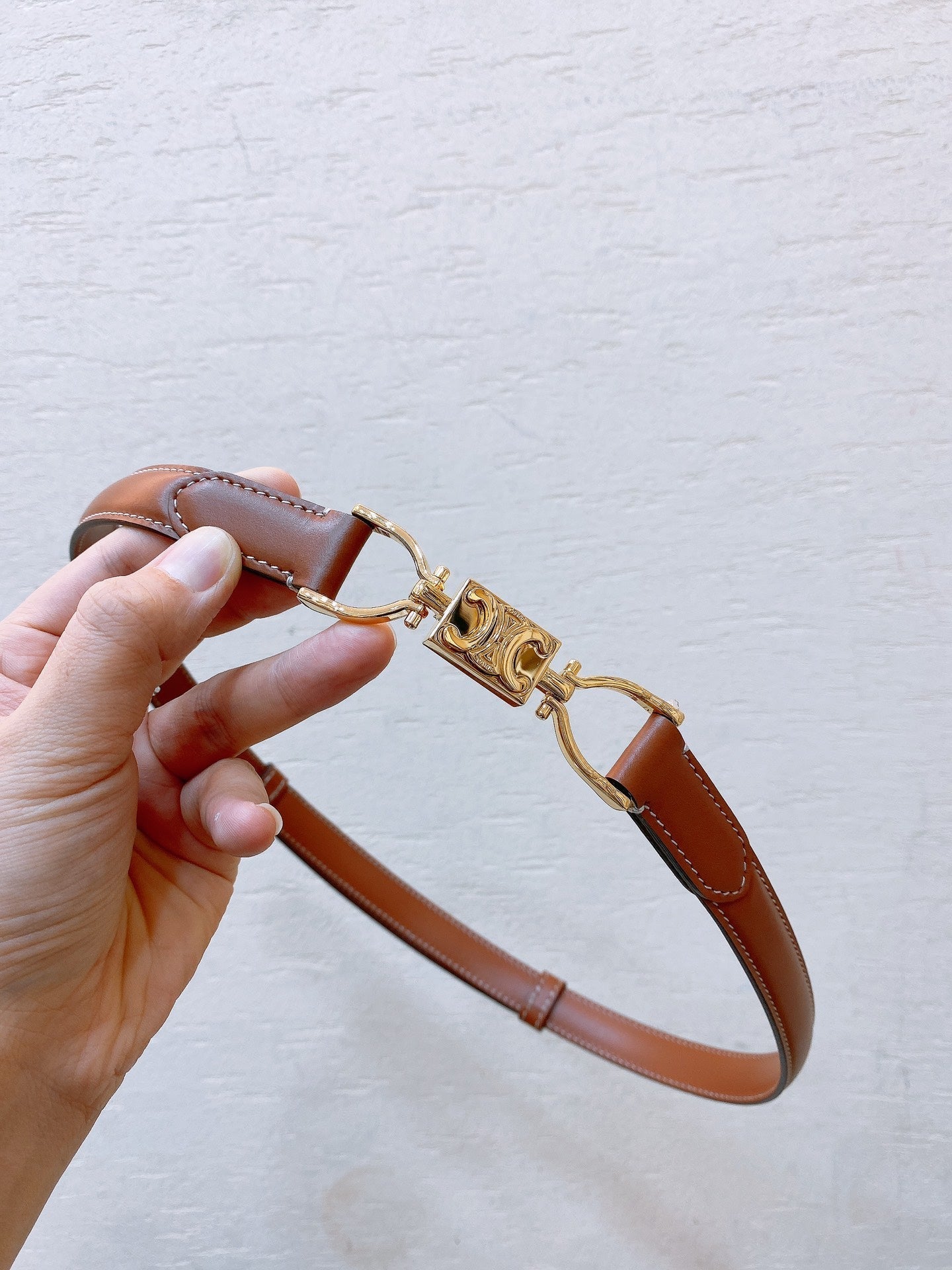 Hook & Loop 20mm TRIOMPHE Logo Square Adjustable Belt Tan Calfskin Ghw - 30