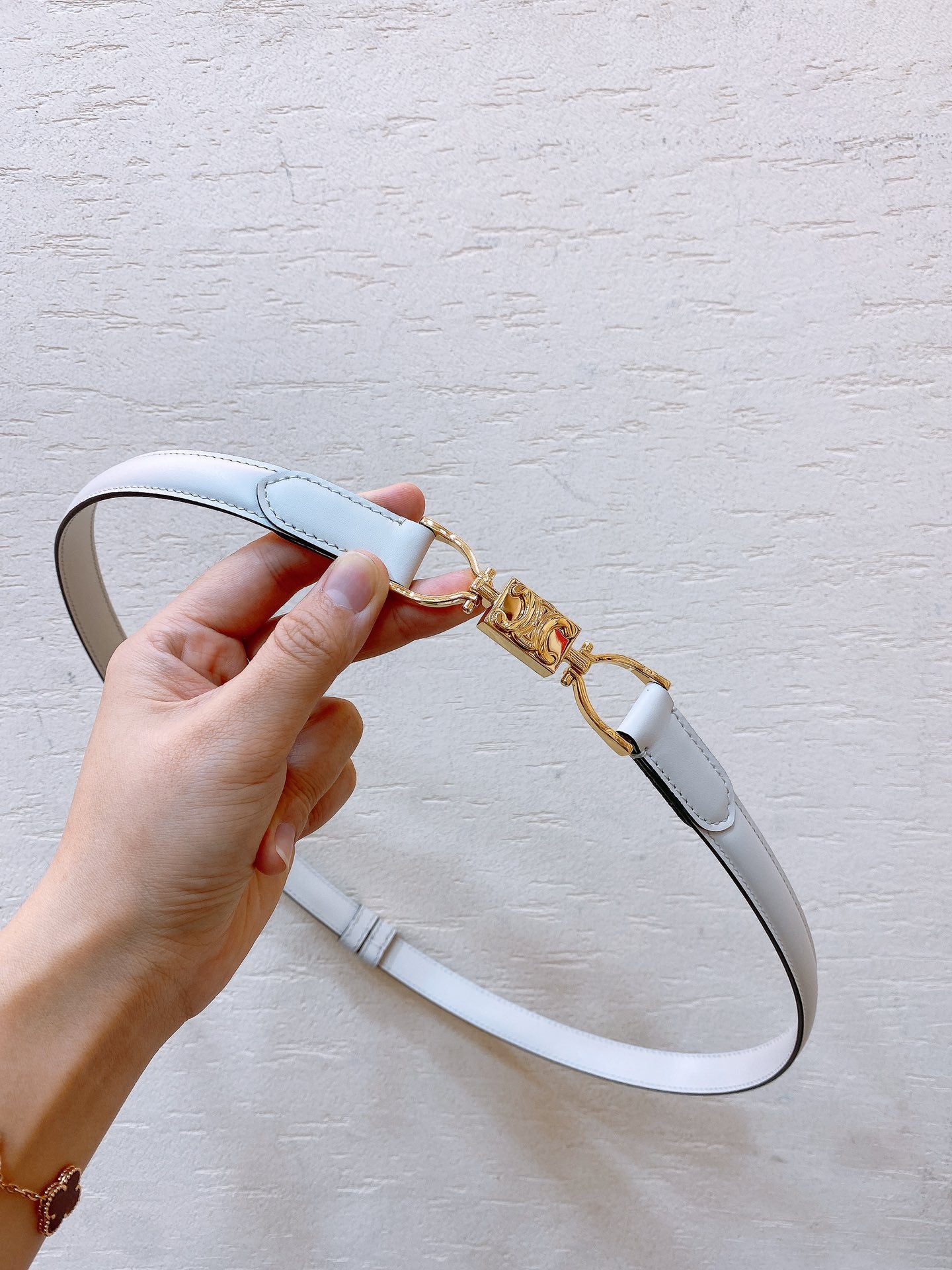 Hook & Loop 20mm TRIOMPHE Logo Square Adjustable Belt White Calfskin Ghw - 30