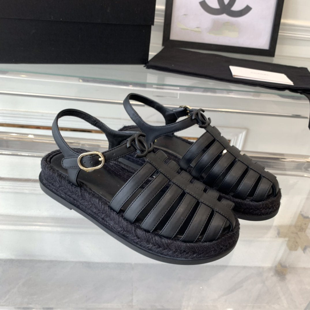 cc roman sandals all black lambskin - 35