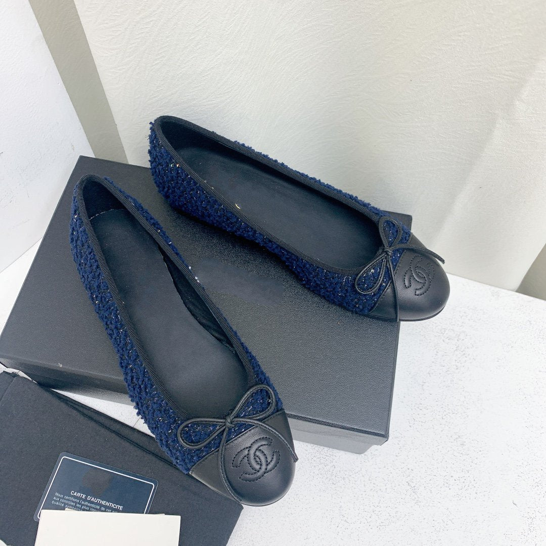 ballet flat dark blue tweed black grosgrain - 35