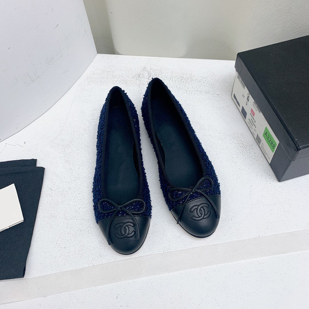 ballet flat dark blue tweed black grosgrain - 35