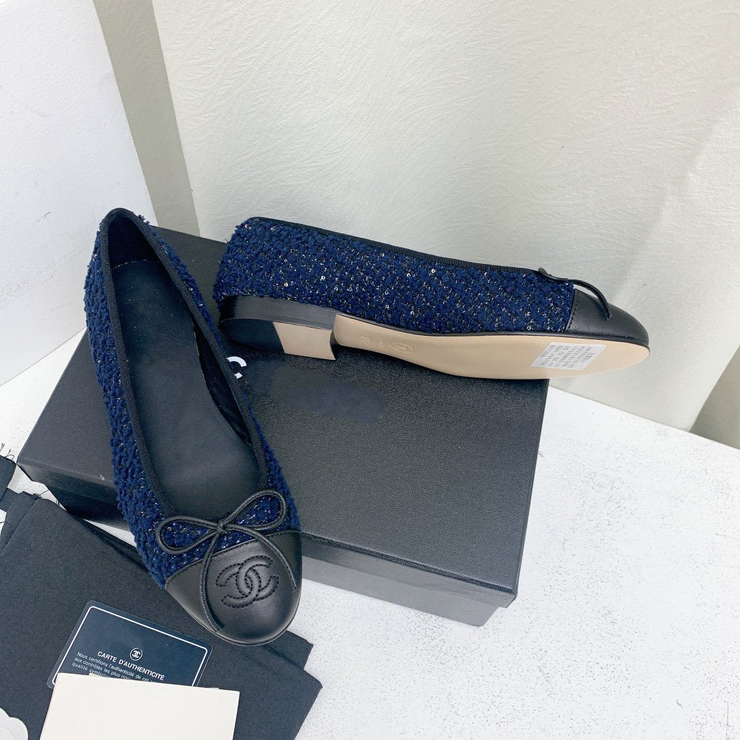 ballet flat dark blue tweed black grosgrain - 35