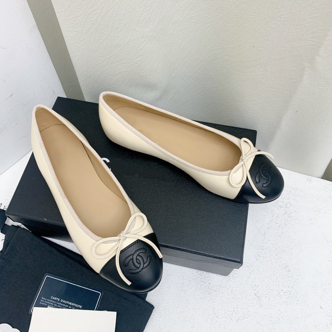 BALLET FLAT LIGHT BEIGE BLACK LAMBSKIN - 35