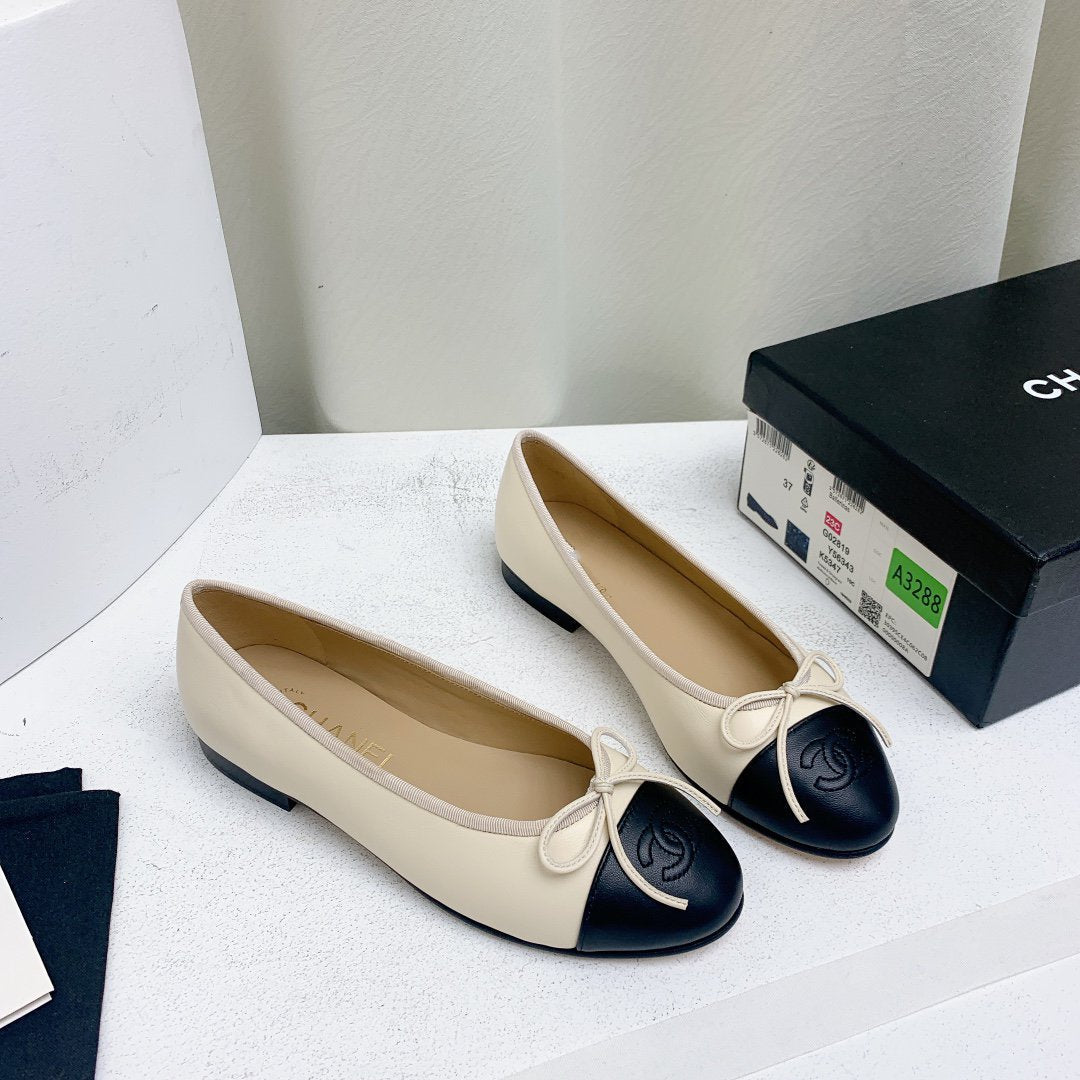 BALLET FLAT LIGHT BEIGE BLACK LAMBSKIN - 35