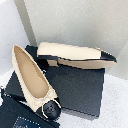 BALLET FLAT LIGHT BEIGE BLACK LAMBSKIN - 35