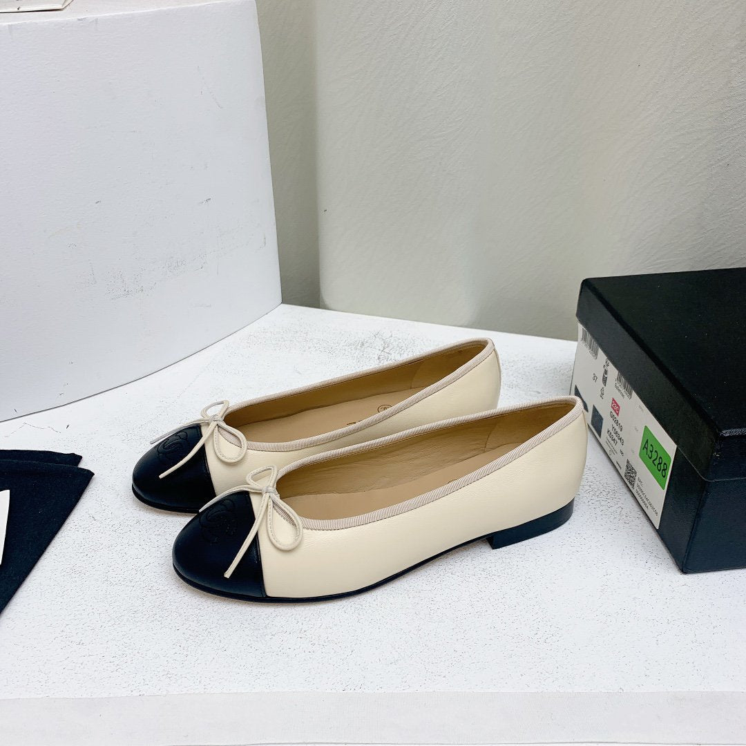 BALLET FLAT LIGHT BEIGE BLACK LAMBSKIN - 35