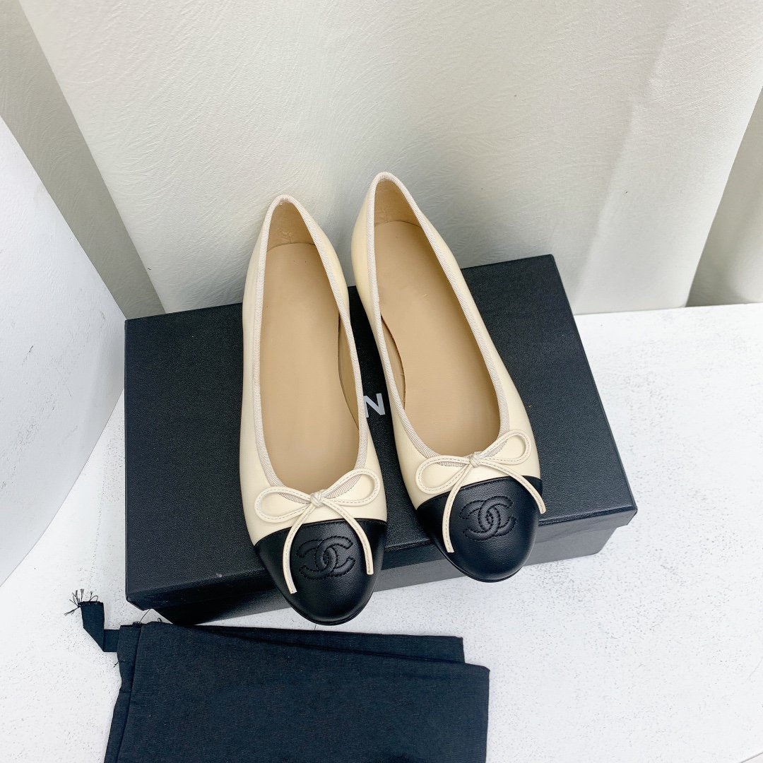 BALLET FLAT LIGHT BEIGE BLACK LAMBSKIN - 35