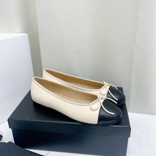 BALLET FLAT LIGHT BEIGE BLACK LAMBSKIN - 35