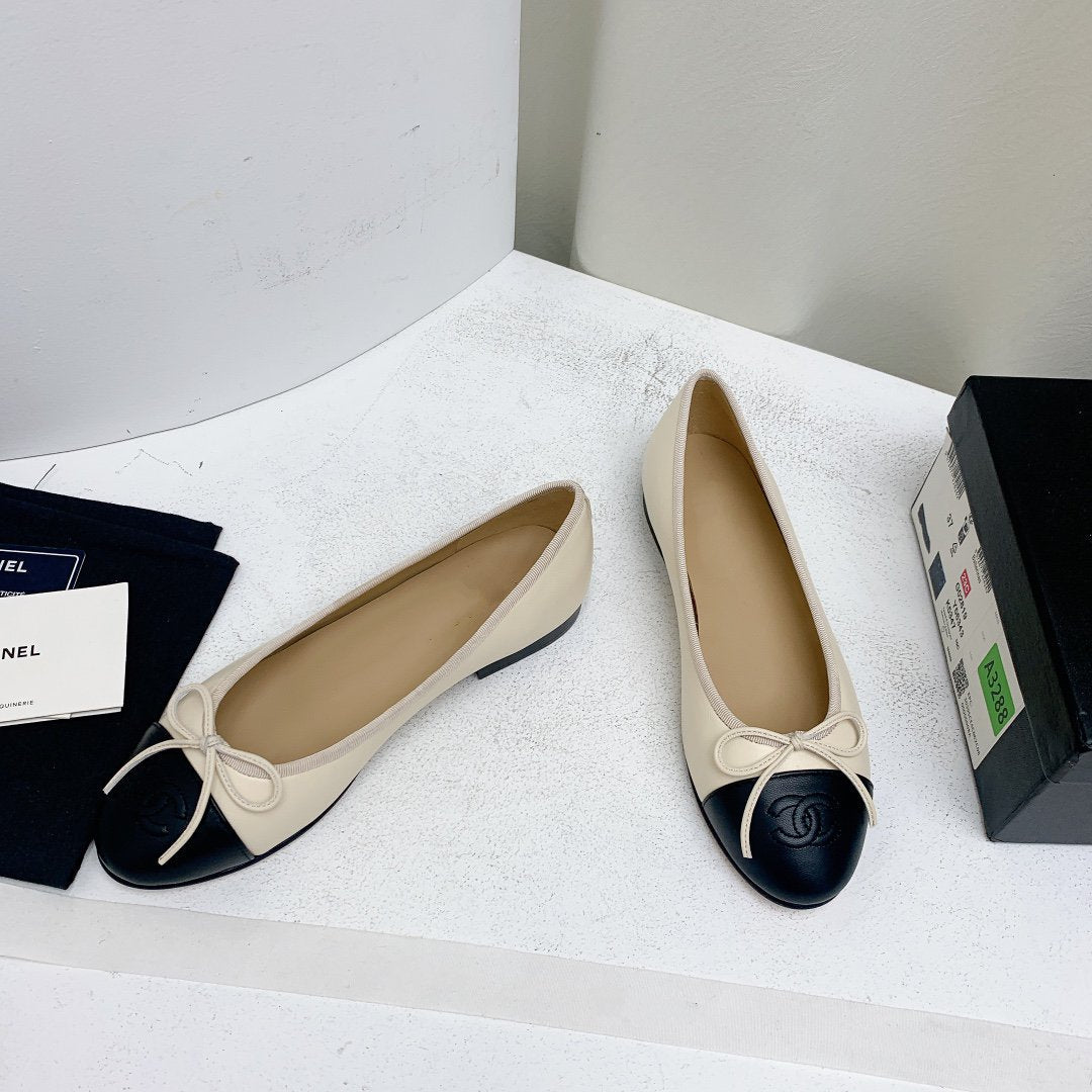 BALLET FLAT LIGHT BEIGE BLACK LAMBSKIN - 35