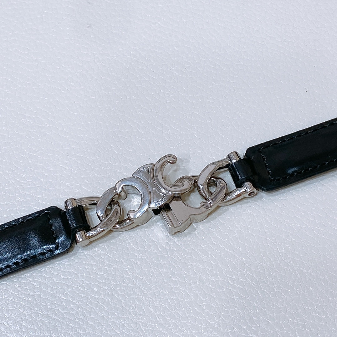 SMALL 18 MM GOURMETTE TRIOMPHE ADJUSTABLE BELT IN BLACK LEATHER SILVER HARDWARE - 30