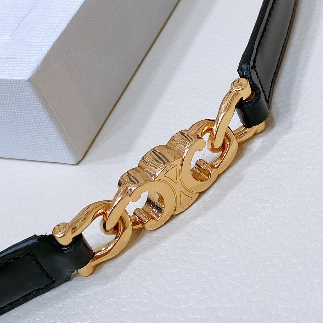 SMALL 18 MM GOURMETTE TRIOMPHE ADJUSTABLE BELT IN BLACK LEATHER GOLD HARDWARE - 30