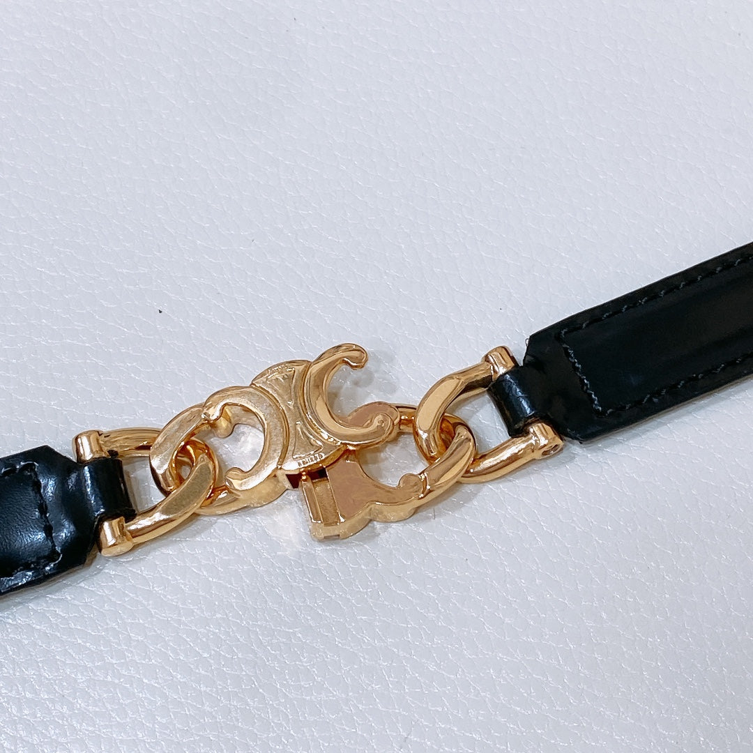 SMALL 18 MM GOURMETTE TRIOMPHE ADJUSTABLE BELT IN BLACK LEATHER GOLD HARDWARE - 30