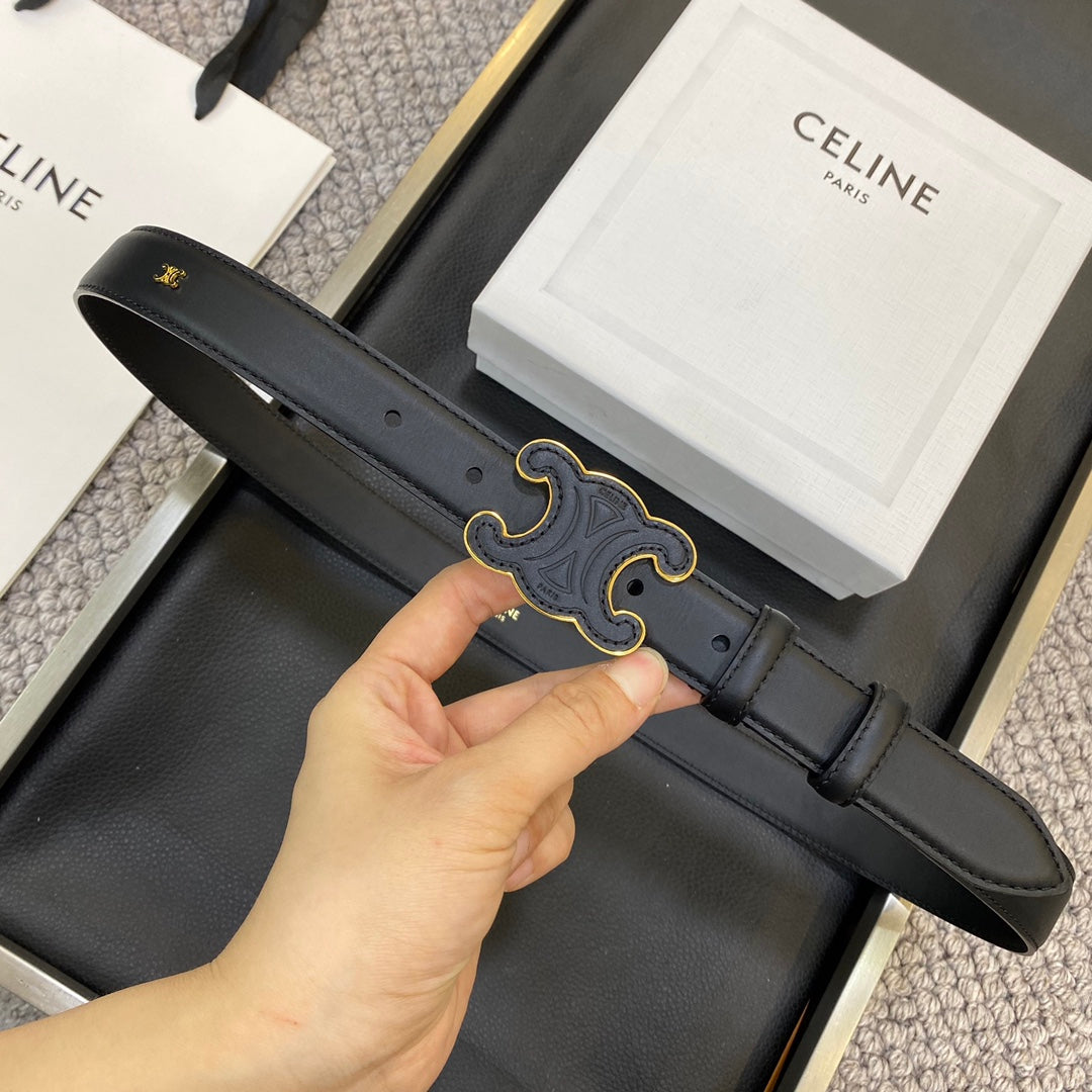 TRIOMPHE BELT 25MM IN BLACK CALFSKIN WITH LEATHER-COVERED BUCKLE - 30