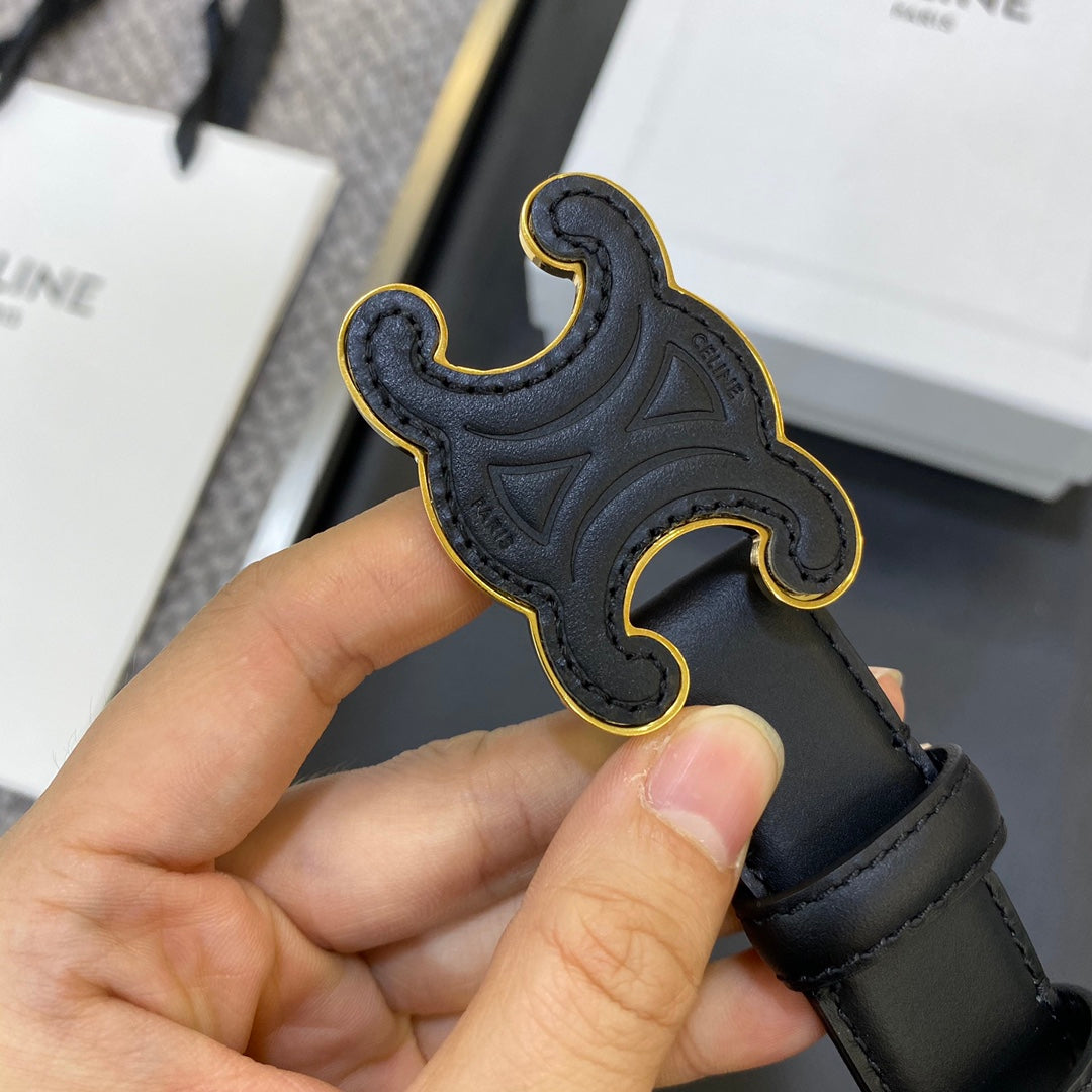 TRIOMPHE BELT 25MM IN BLACK CALFSKIN WITH LEATHER-COVERED BUCKLE - 30
