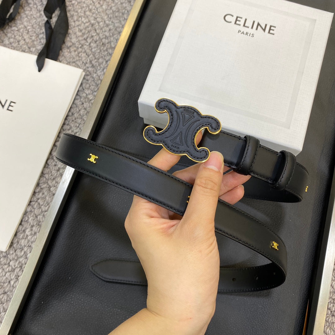 TRIOMPHE BELT 25MM IN BLACK CALFSKIN WITH LEATHER-COVERED BUCKLE - 30