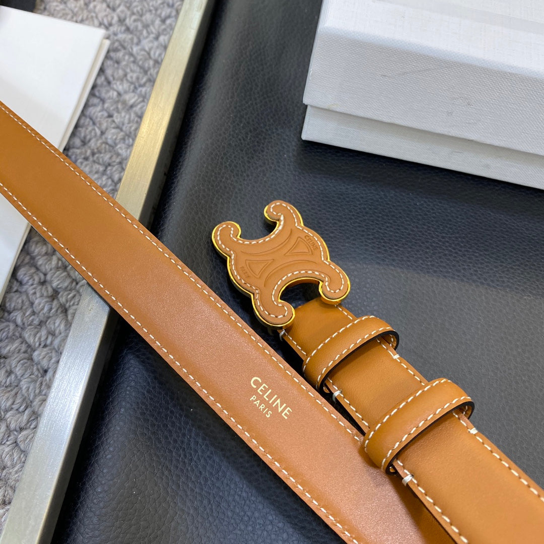 TRIOMPHE BELT 25MM IN BROWN CALFSKIN WITH LEATHER-COVERED BUCKLE AND WHITE STITCHING - 30