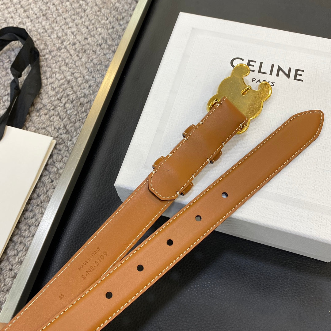 TRIOMPHE BELT 25MM IN BROWN CALFSKIN WITH LEATHER-COVERED BUCKLE AND WHITE STITCHING - 30