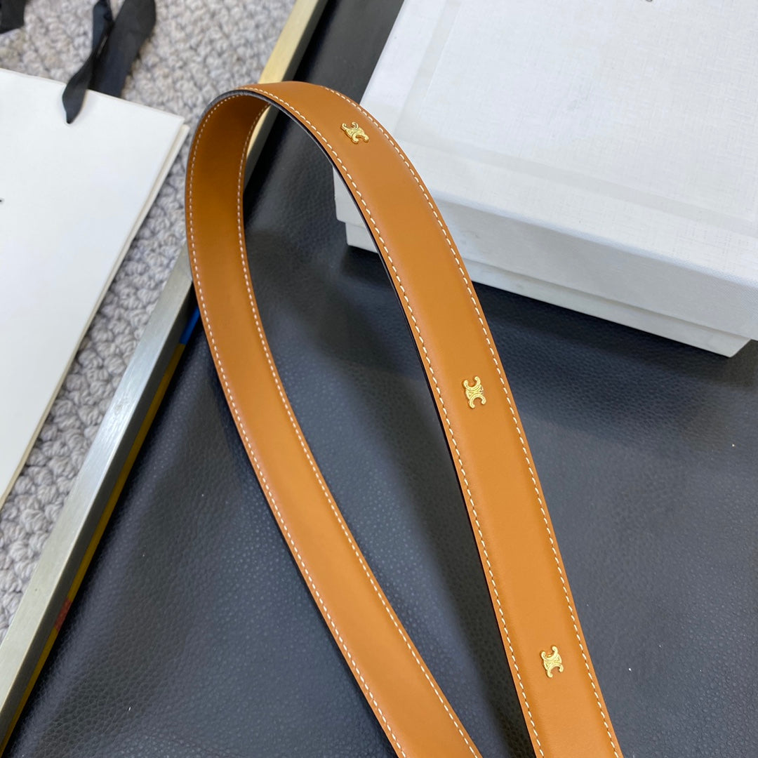 TRIOMPHE BELT 25MM IN BROWN CALFSKIN WITH LEATHER-COVERED BUCKLE AND WHITE STITCHING - 30