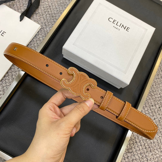 TRIOMPHE BELT 25MM IN BROWN CALFSKIN WITH LEATHER-COVERED BUCKLE AND WHITE STITCHING - 30