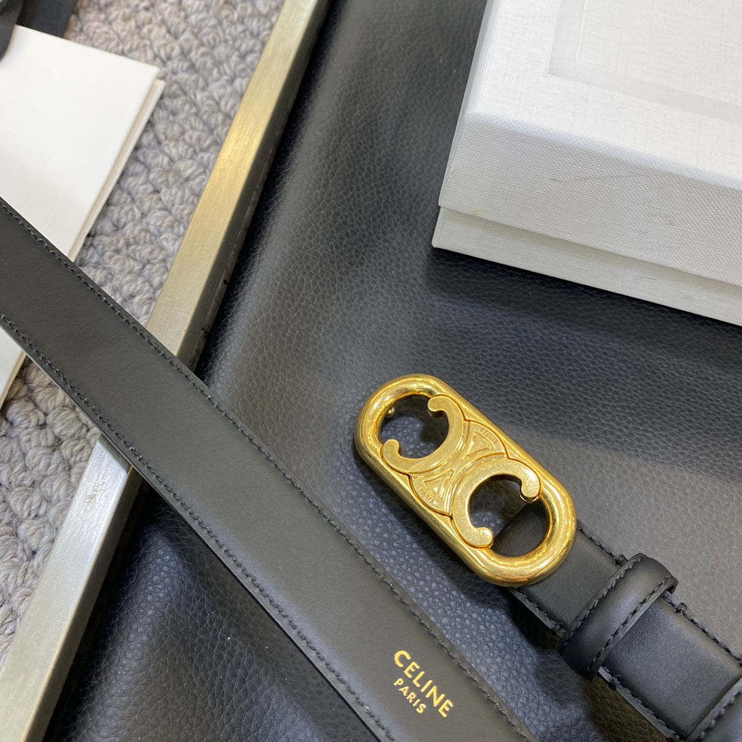 TRIOMPHE BELT 25MM IN BLACK CALFSKIN OVAL BUCKLE AND ENGRAVED LOGO - 30