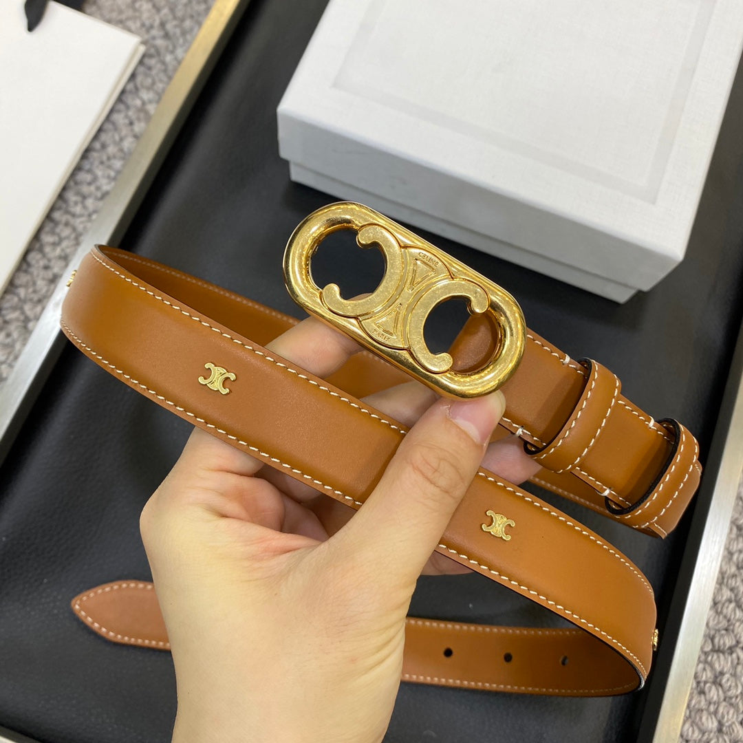 TRIOMPHE BELT 25MM IN BROWN CALFSKIN OVAL BUCKLE AND ENGRAVED LOGO - 30