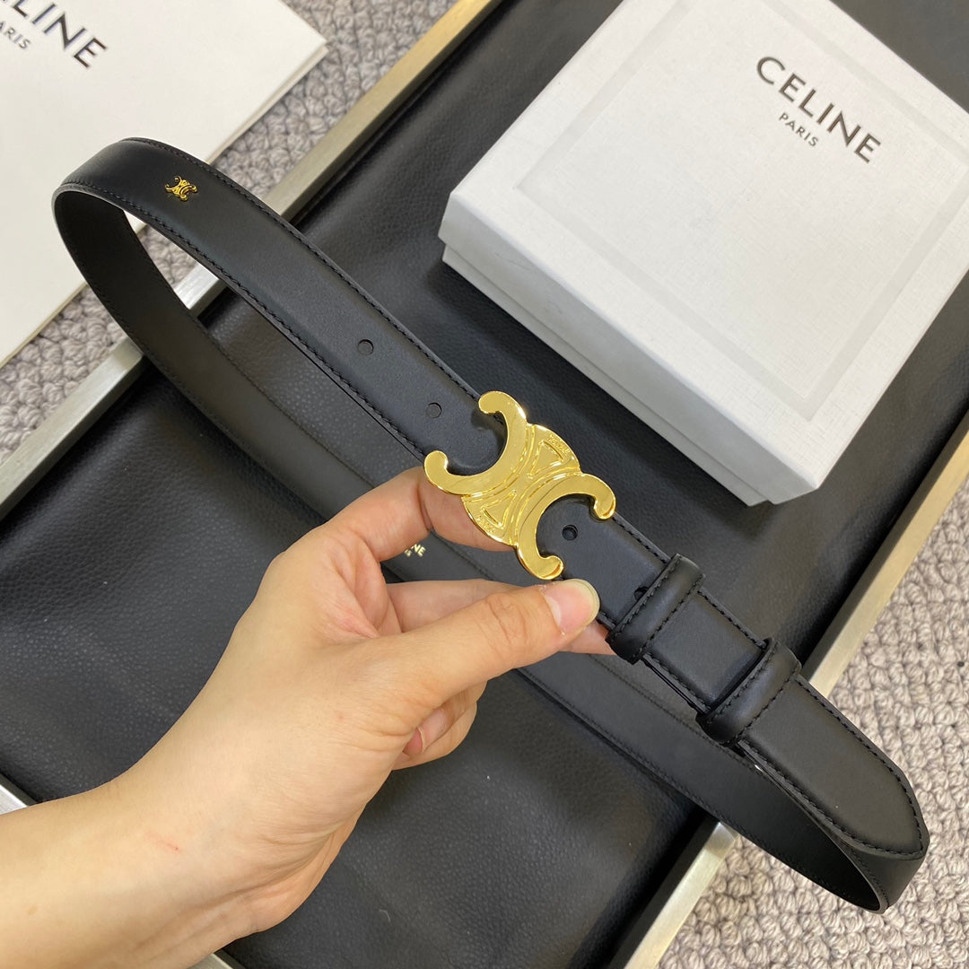CELINE 25S TRIOMPHE BELT 25MM IN BLACK CALFSKIN 548081 - 26 - 28