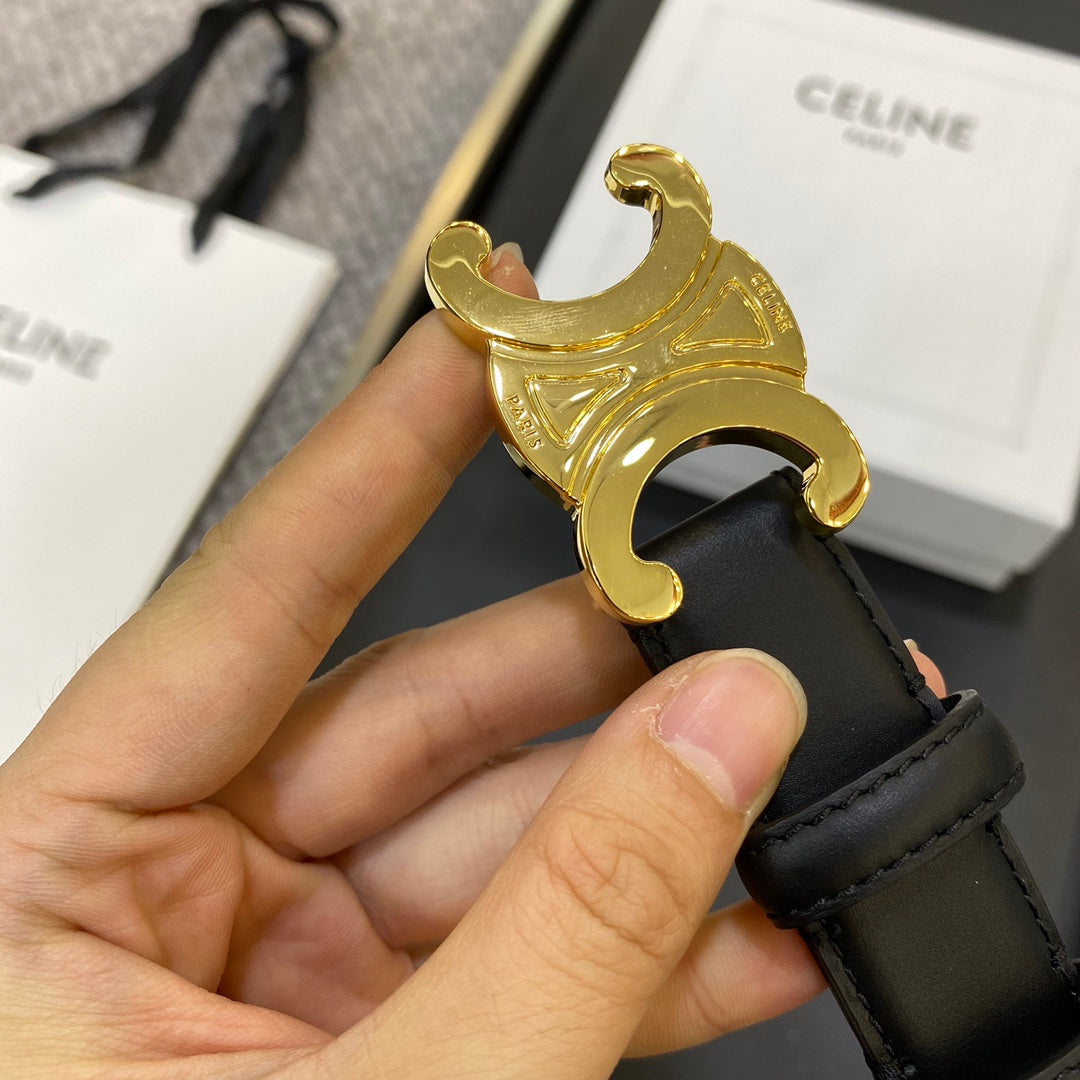 CELINE 25S TRIOMPHE BELT 25MM IN BLACK CALFSKIN 548081 - 26 - 28