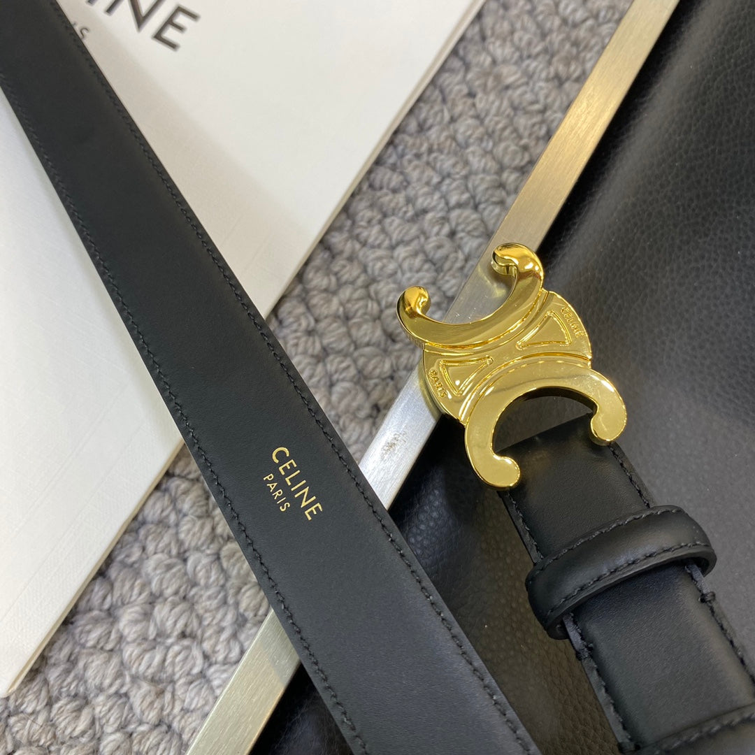 CELINE 25S TRIOMPHE BELT 25MM IN BLACK CALFSKIN 548081 - 26 - 28