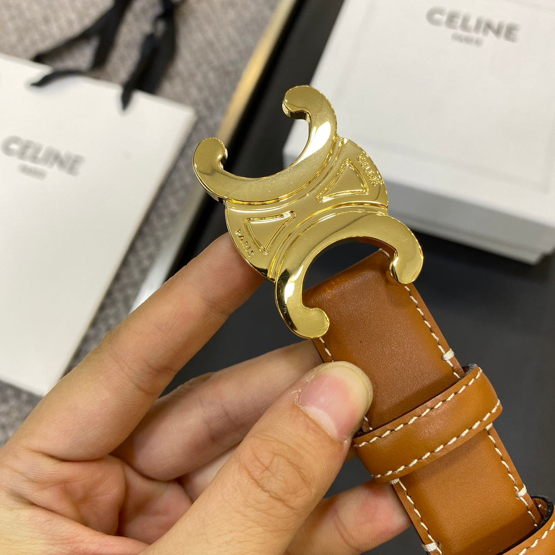 TRIOMPHE BELT 25MM IN BROWN CALFSKIN GOLD BUCKLE GOLD LOGO - 30