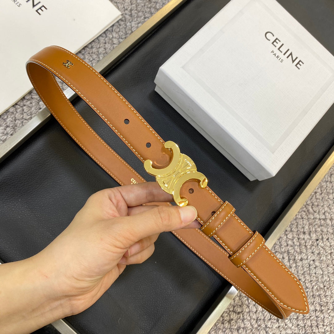TRIOMPHE BELT 25MM IN BROWN CALFSKIN GOLD BUCKLE GOLD LOGO - 30