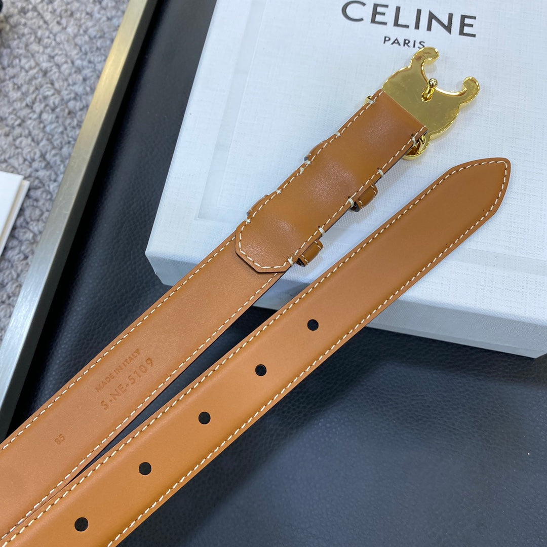 TRIOMPHE BELT 25MM IN BROWN CALFSKIN GOLD BUCKLE GOLD LOGO - 30