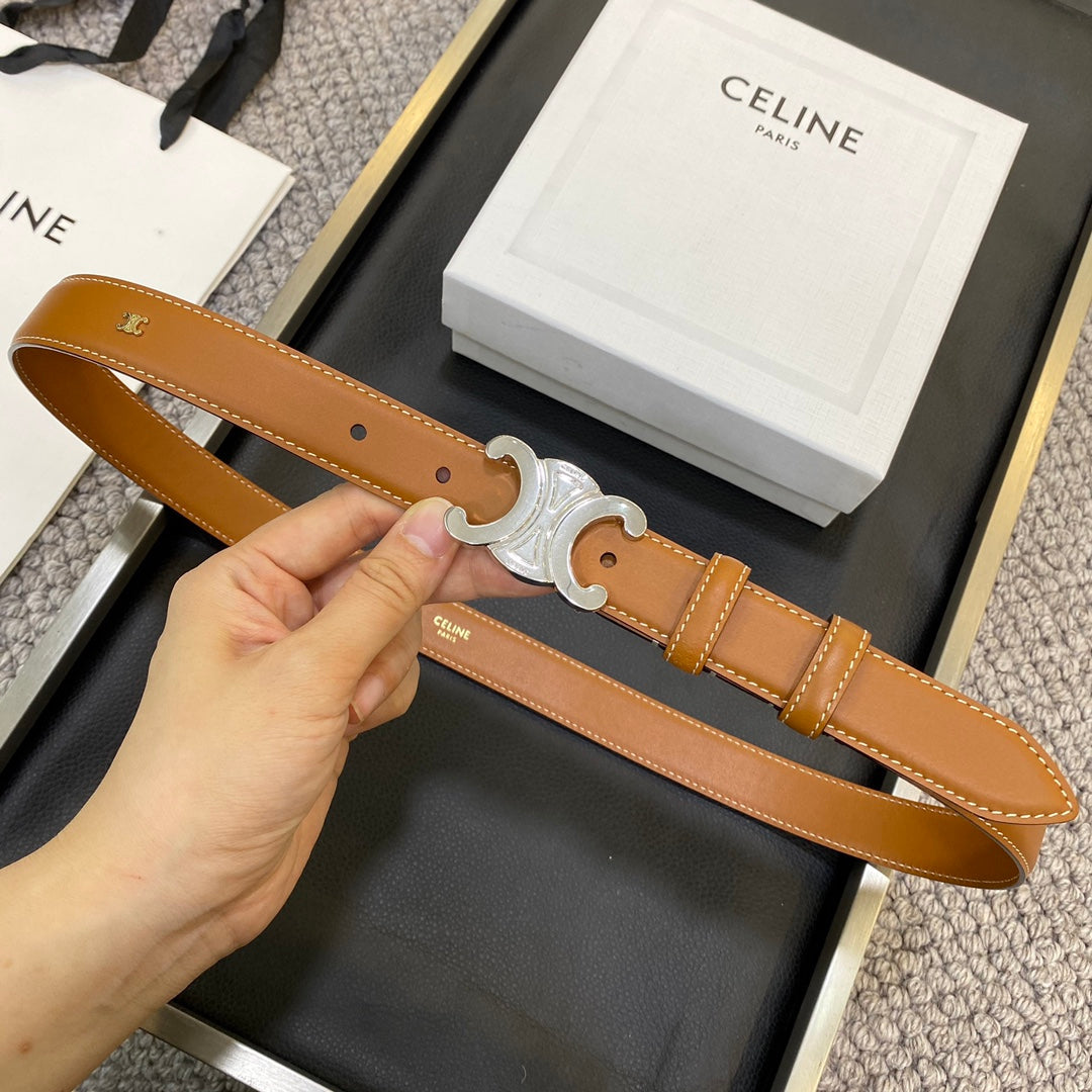 TRIOMPHE BELT 25MM IN BROWN CALFSKIN SILVER BUCKLE GOLD LOGO - 30